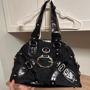 VTG GUESS Y2K Ostrich Print Shoulder Bag Black Patent Leather Indie Sleaze Glam